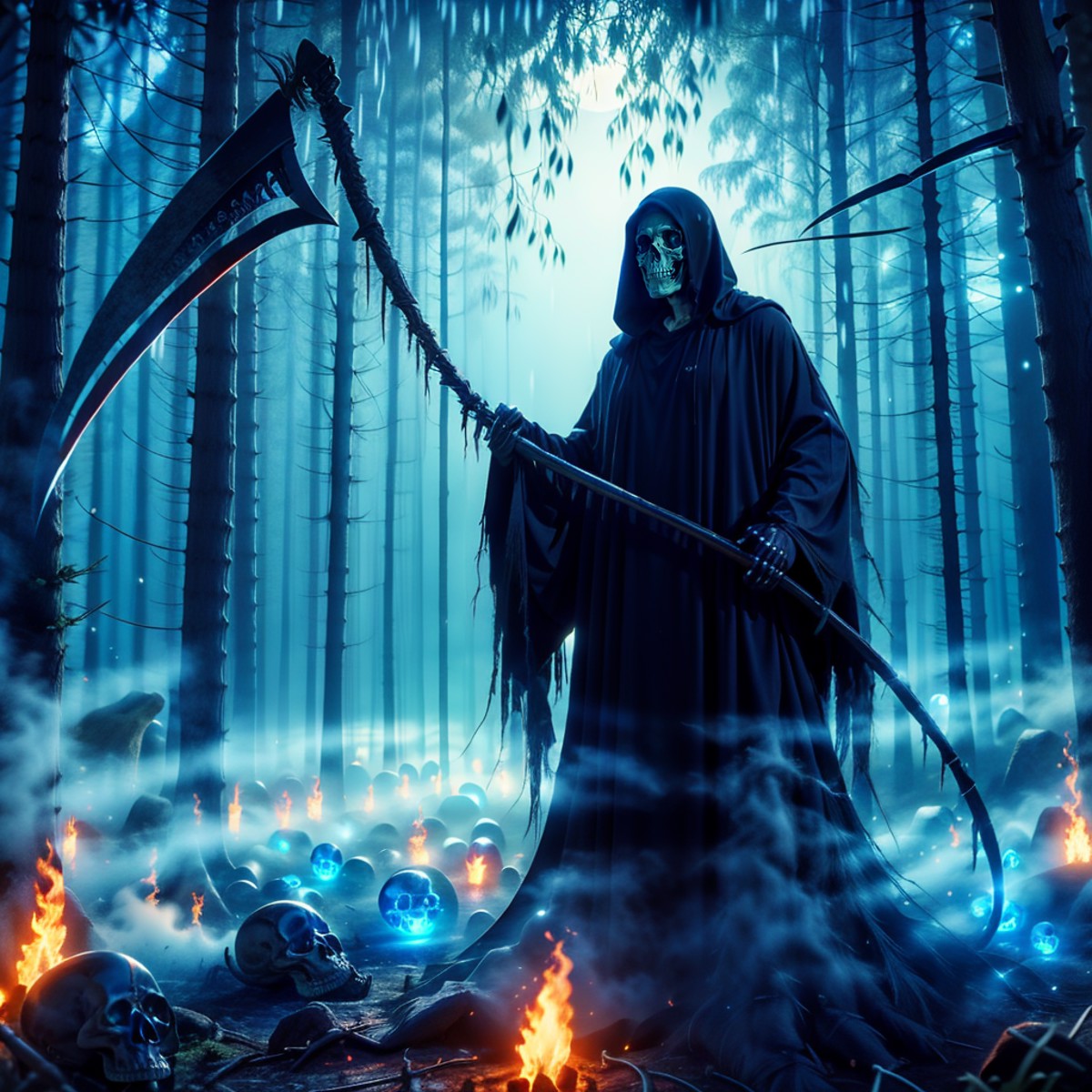 skeleton,huge sickle,the great scythe of death,blue flame,blue fireball,death,<lora:10æ­»ç¥:1>,